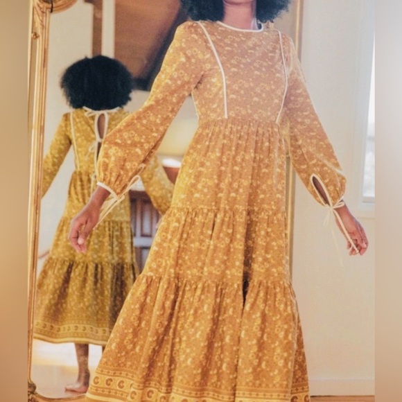 Christy Dawn The Tallulah Midi Dress Organic Cotton Floral Mustard Color Size S